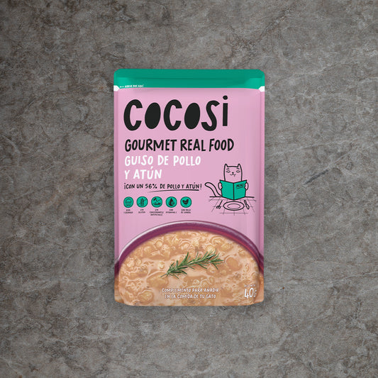 Guiso para gato de pollo y atún