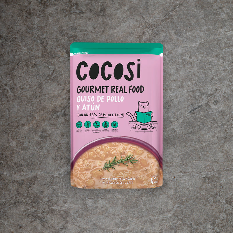 Guiso para gato de pollo y atún